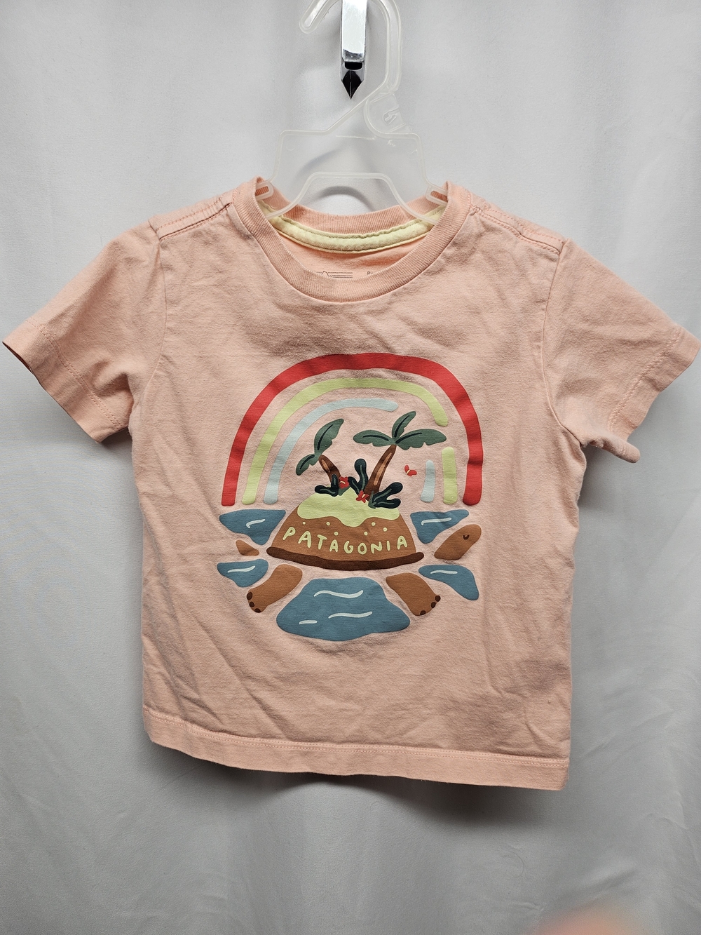 Patagonia Pink Graphic Tee with Rainbow Island Print
